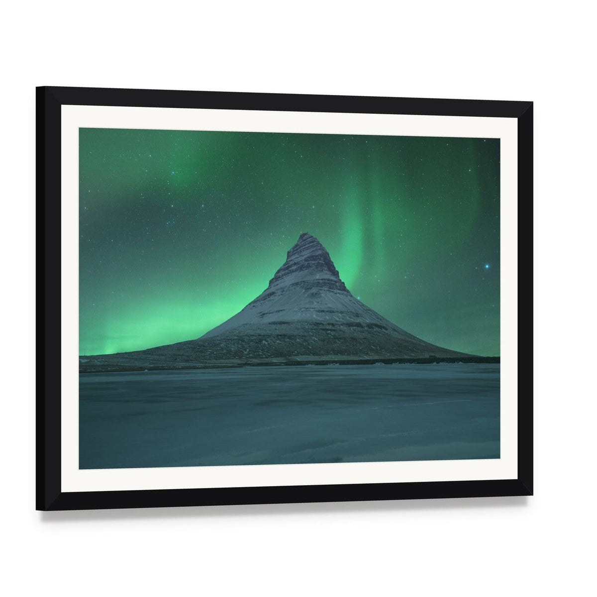 Aurora Over Kirkjufell Canvas Wall Art, framed print with white mat and black frame, angled product view