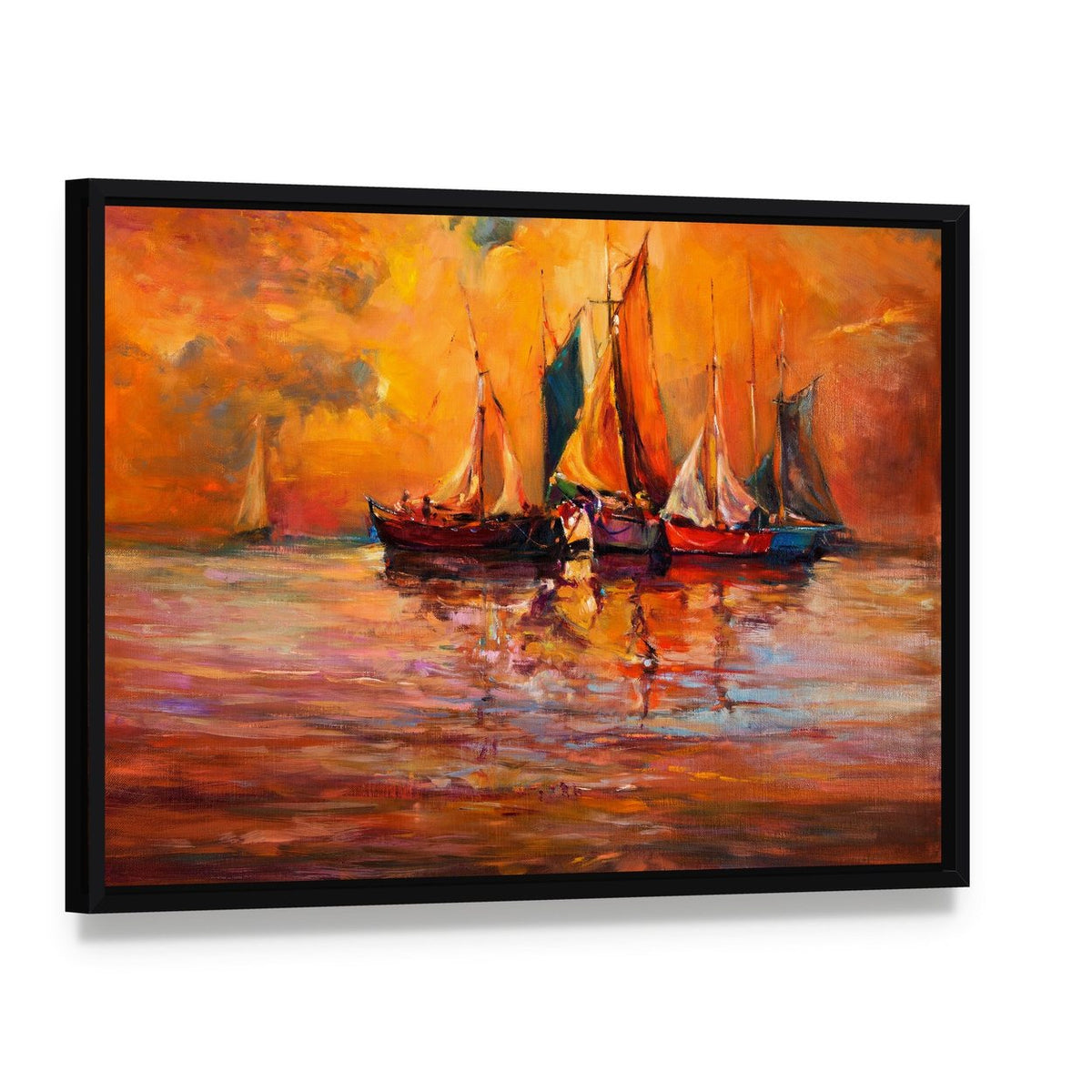 Boats and Sea Illustration Canvas Wall Art, framed canvas in a black floater frame, angled product view