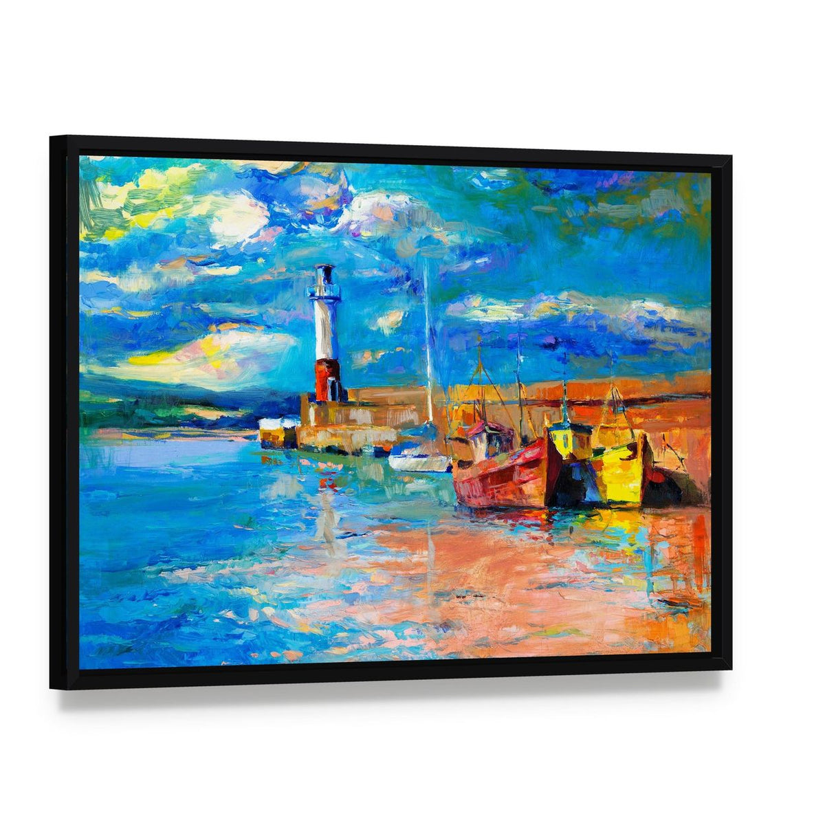 Lighthouse & Boats Abstract Canvas Wall Art, framed canvas in a black floater frame, angled product view