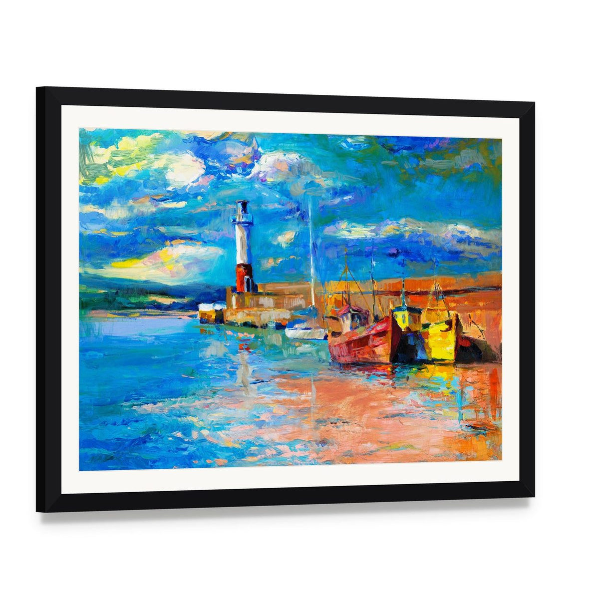 Lighthouse & Boats Abstract Canvas Wall Art, framed print with white mat and black frame, angled product view