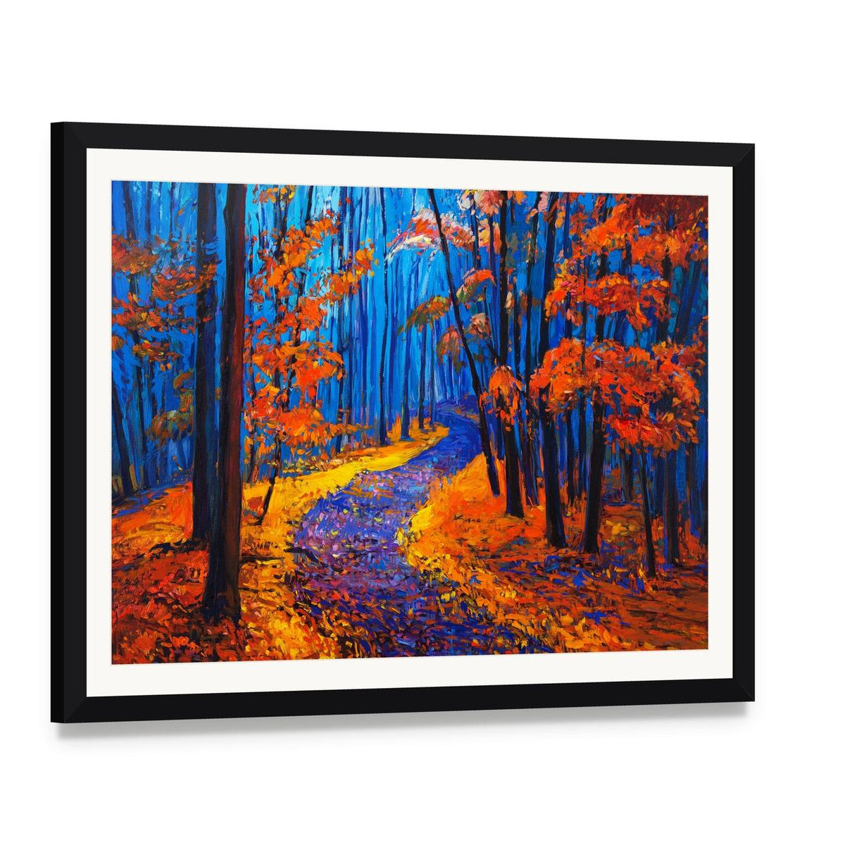 Autumn Forest Pathway Canvas Wall Art, framed print with white mat and black frame, angled product view