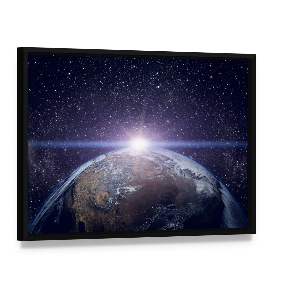 Planet Earth Sunset Canvas Wall Art, framed canvas in a black floater frame, angled product view