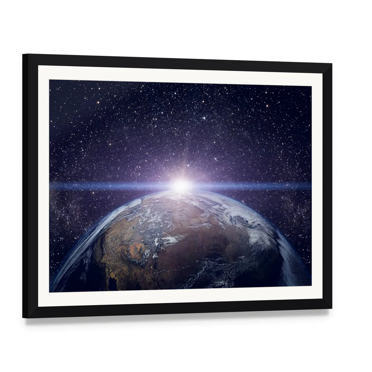 Planet Earth Sunset Canvas Wall Art, framed print with white mat and black frame, angled product view