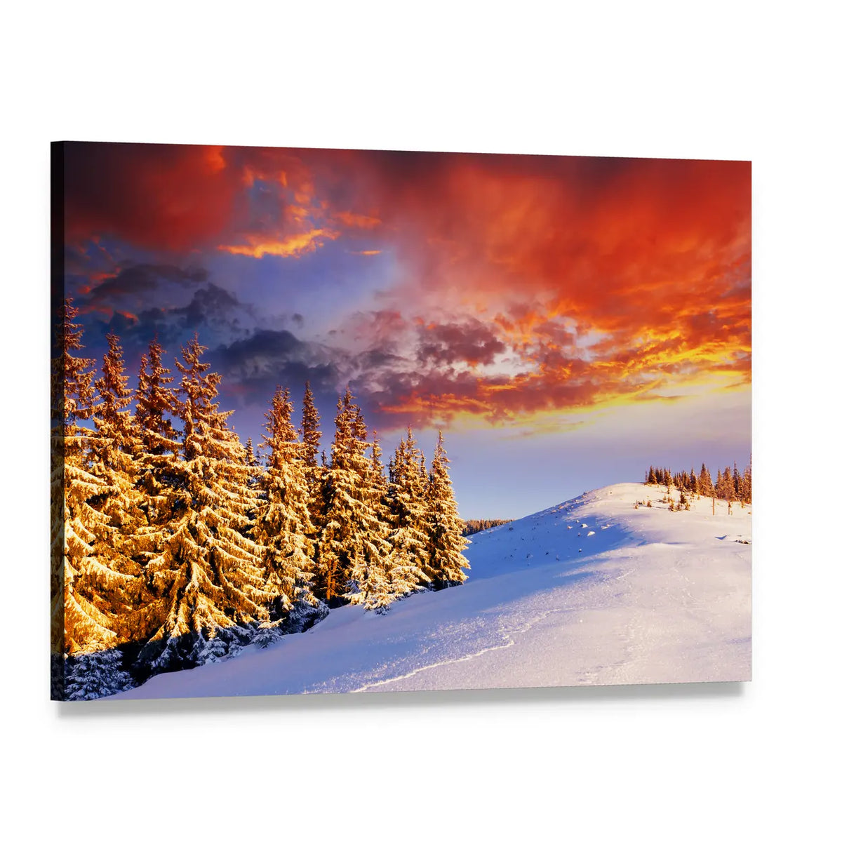 Sunset Over Snowy Pines Canvas Wall Art, single panel gallery wrapped canvas, angled product view
