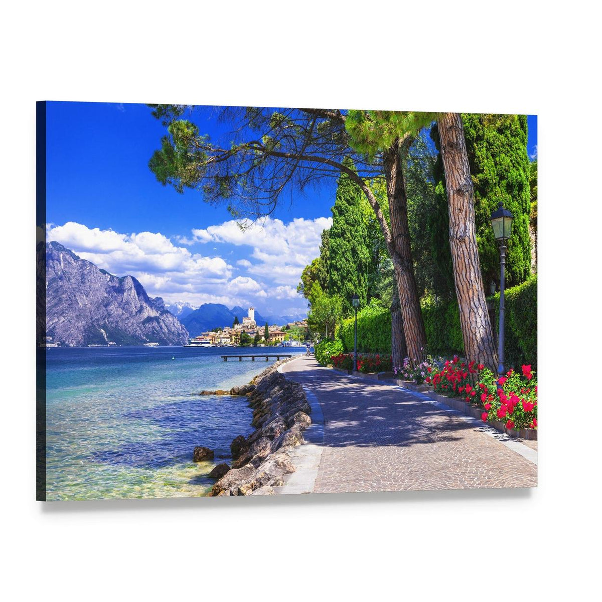 Lakefront Mountain Landscape with Pathway Canvas Wall Art, single panel gallery wrapped canvas, angled product view