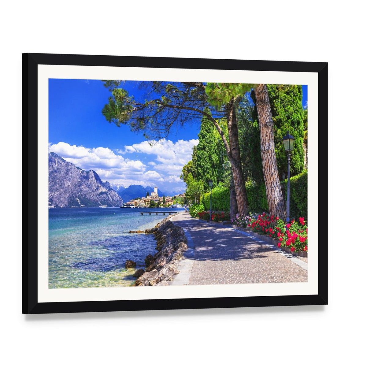 Lakefront Mountain Landscape with Pathway Canvas Wall Art, framed print with white mat and black frame, angled product view