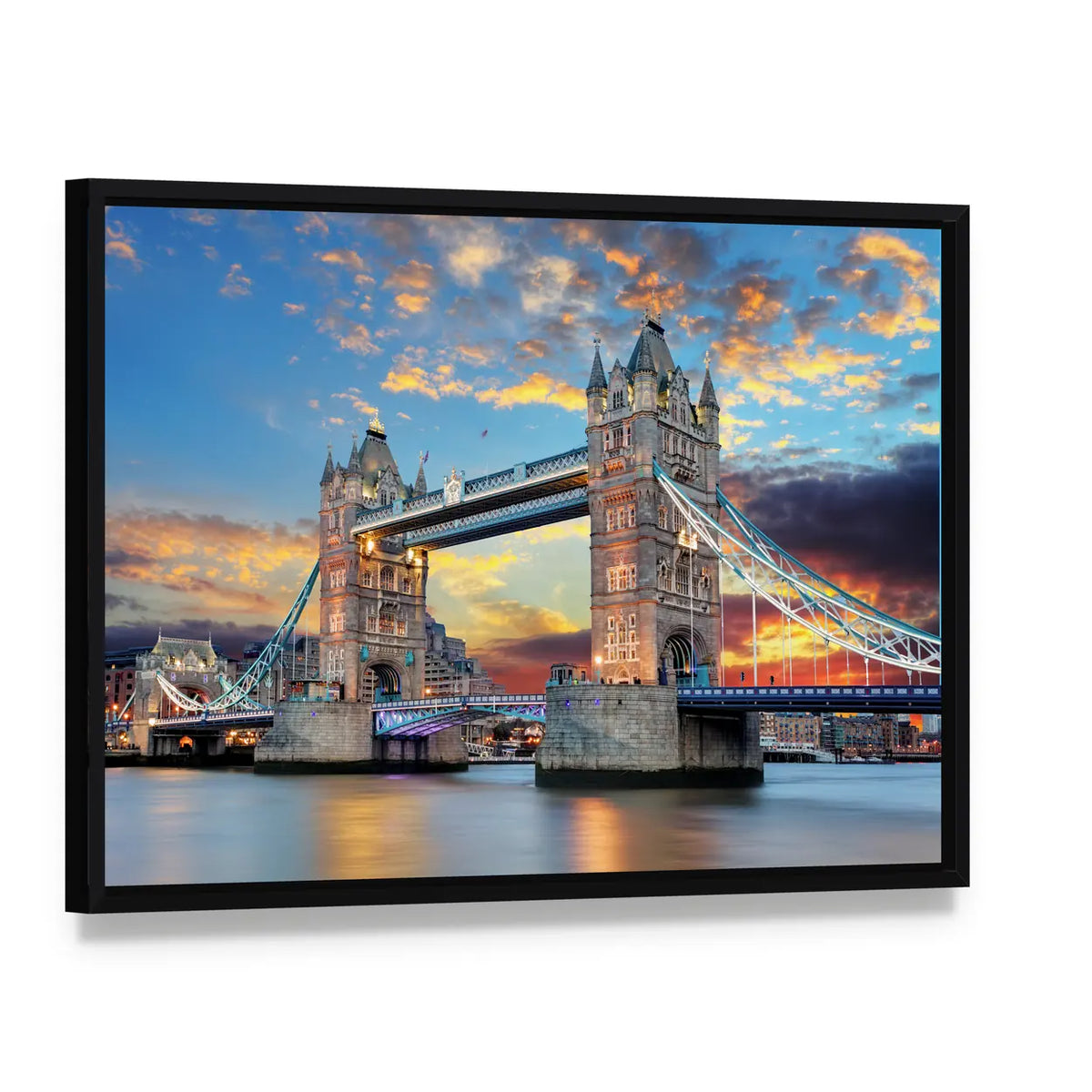 Tower Bridge at Sunset, London Canvas Wall Art, framed canvas in a black floater frame, angled product view