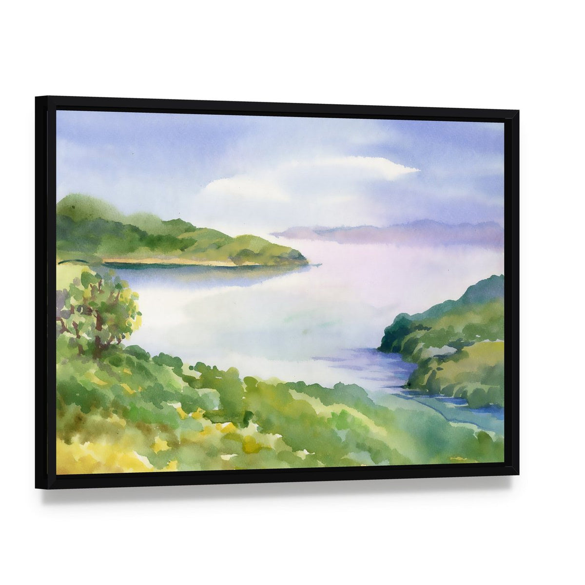 Watercolor River Nature Landscape Canvas Wall Art, framed canvas in a black floater frame, angled product view