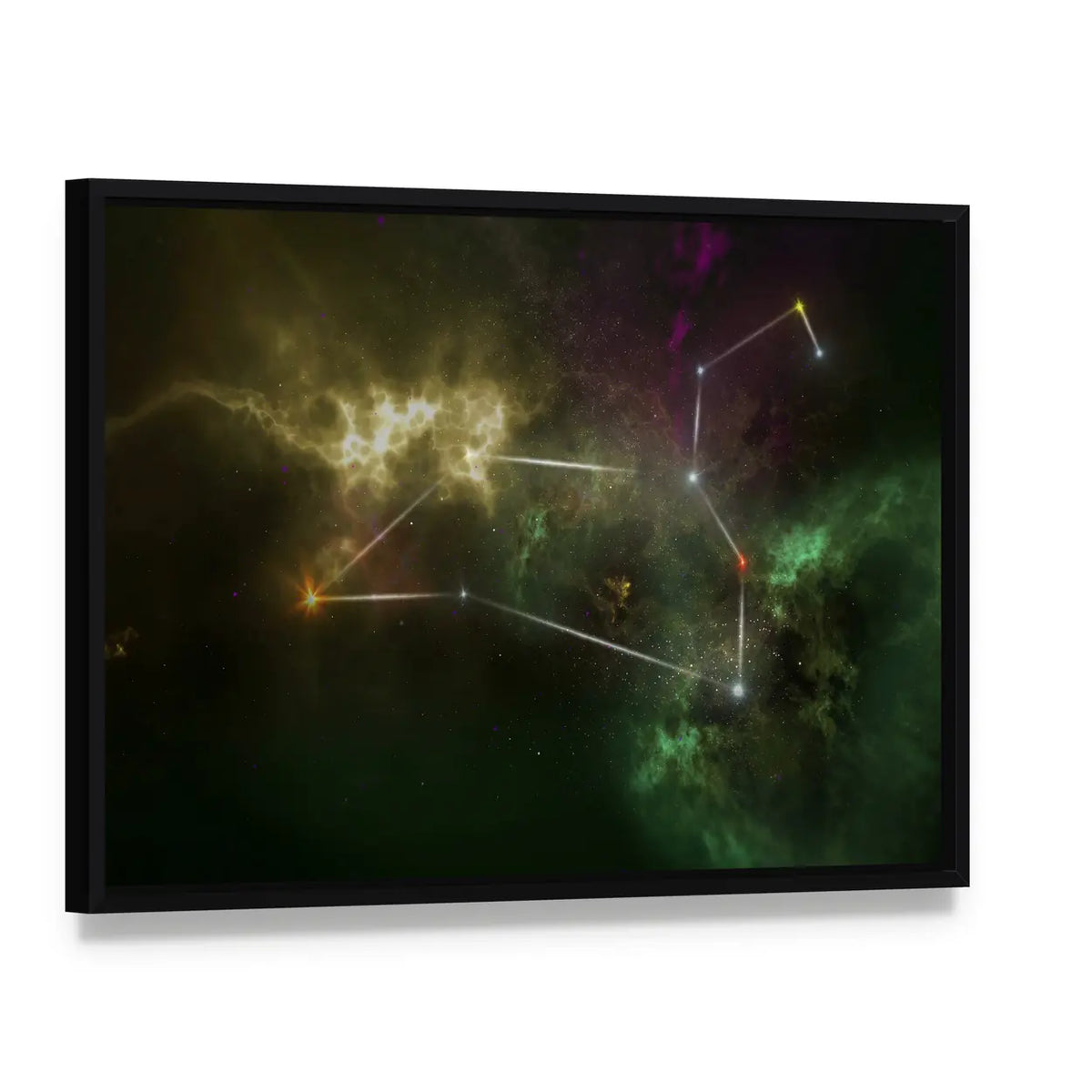 Leo Constellation Nebula Canvas Wall Art, framed canvas in a black floater frame, angled product view