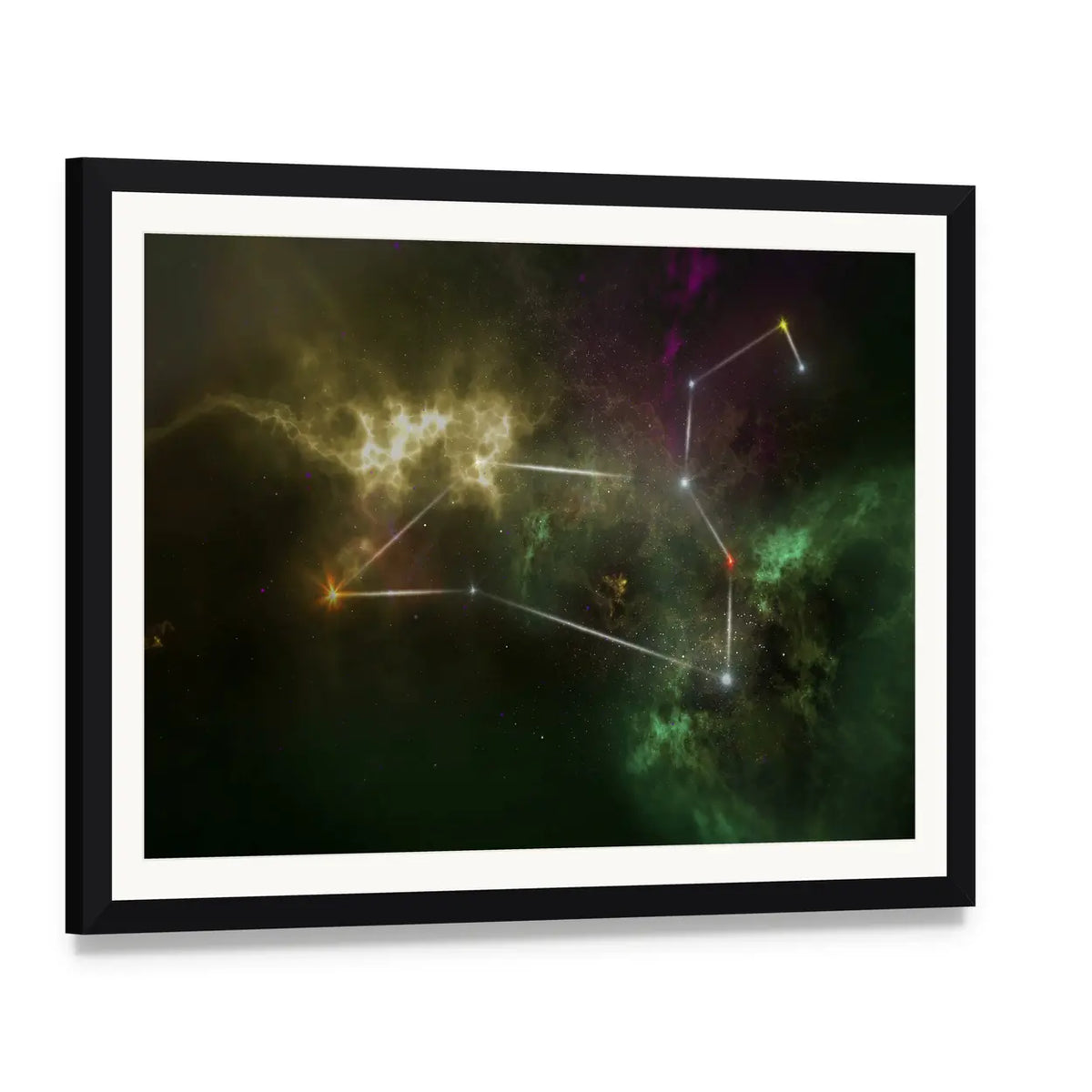 Leo Constellation Nebula Canvas Wall Art, framed print with white mat and black frame, angled product view