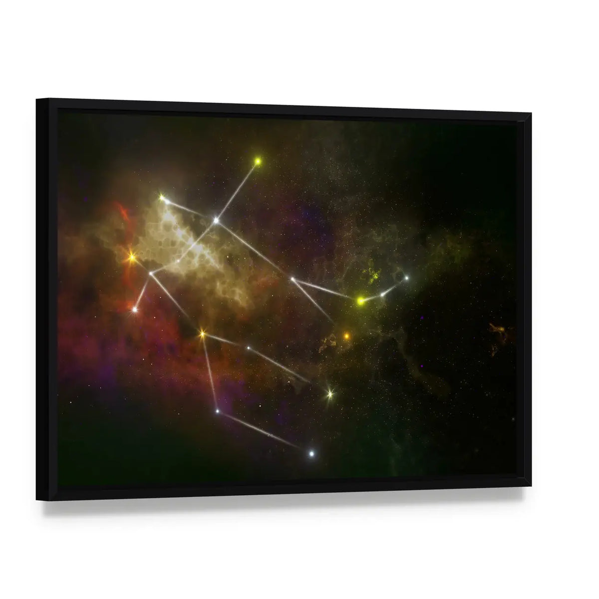 Gemini Constellation in Nebula Canvas Wall Art, framed canvas in a black floater frame, angled product view