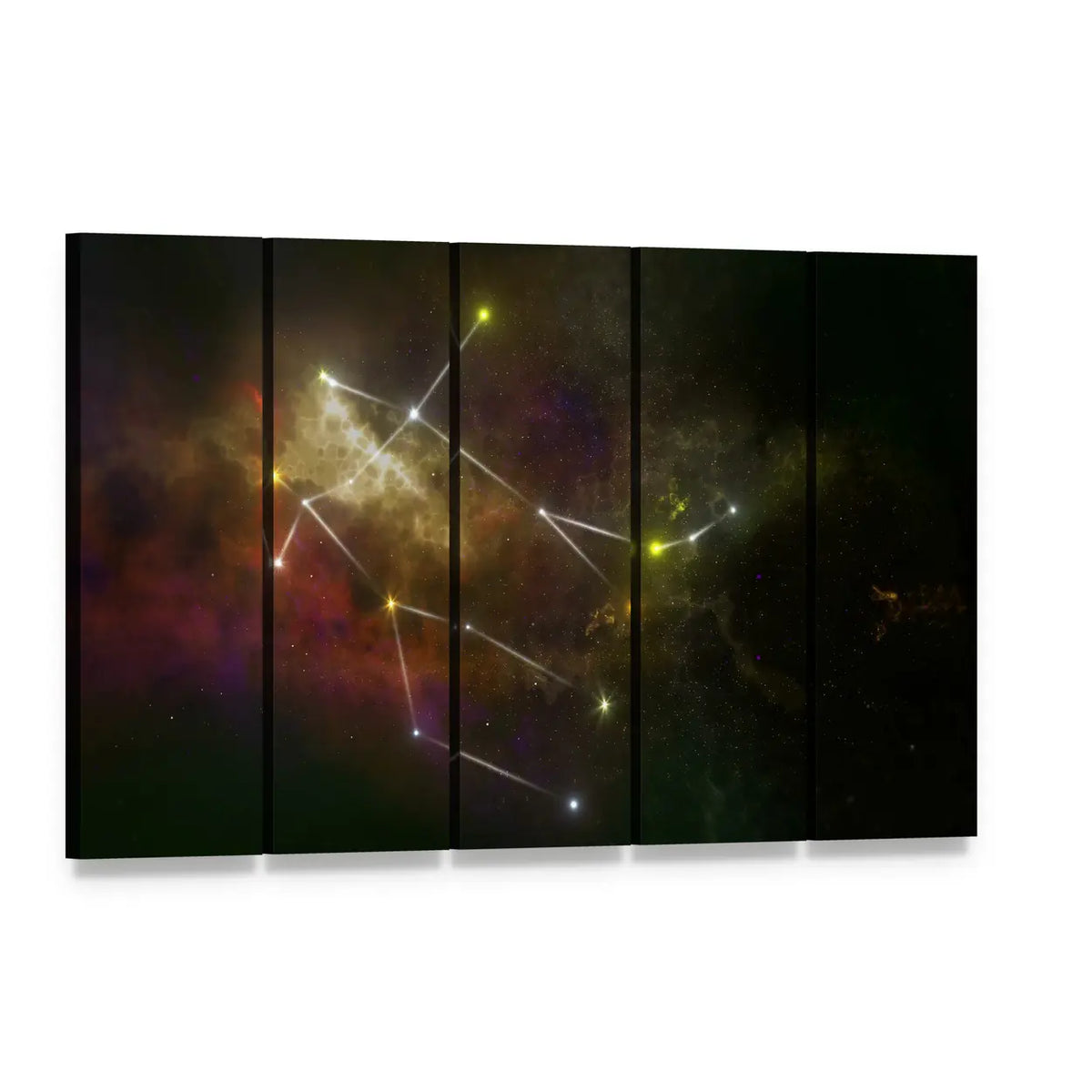 Gemini Constellation in Nebula Canvas Wall Art, 5 panel 5 Horizontal layout gallery wrapped canvas set, angled product view