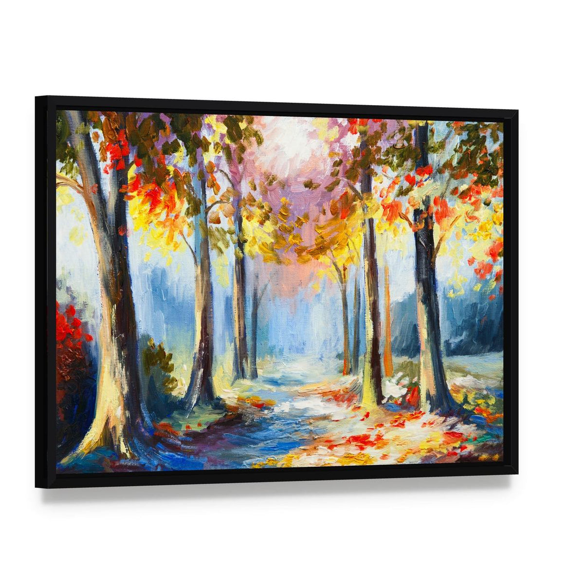 Colorful Spring Landscape Canvas Wall Art, framed canvas in a black floater frame, angled product view