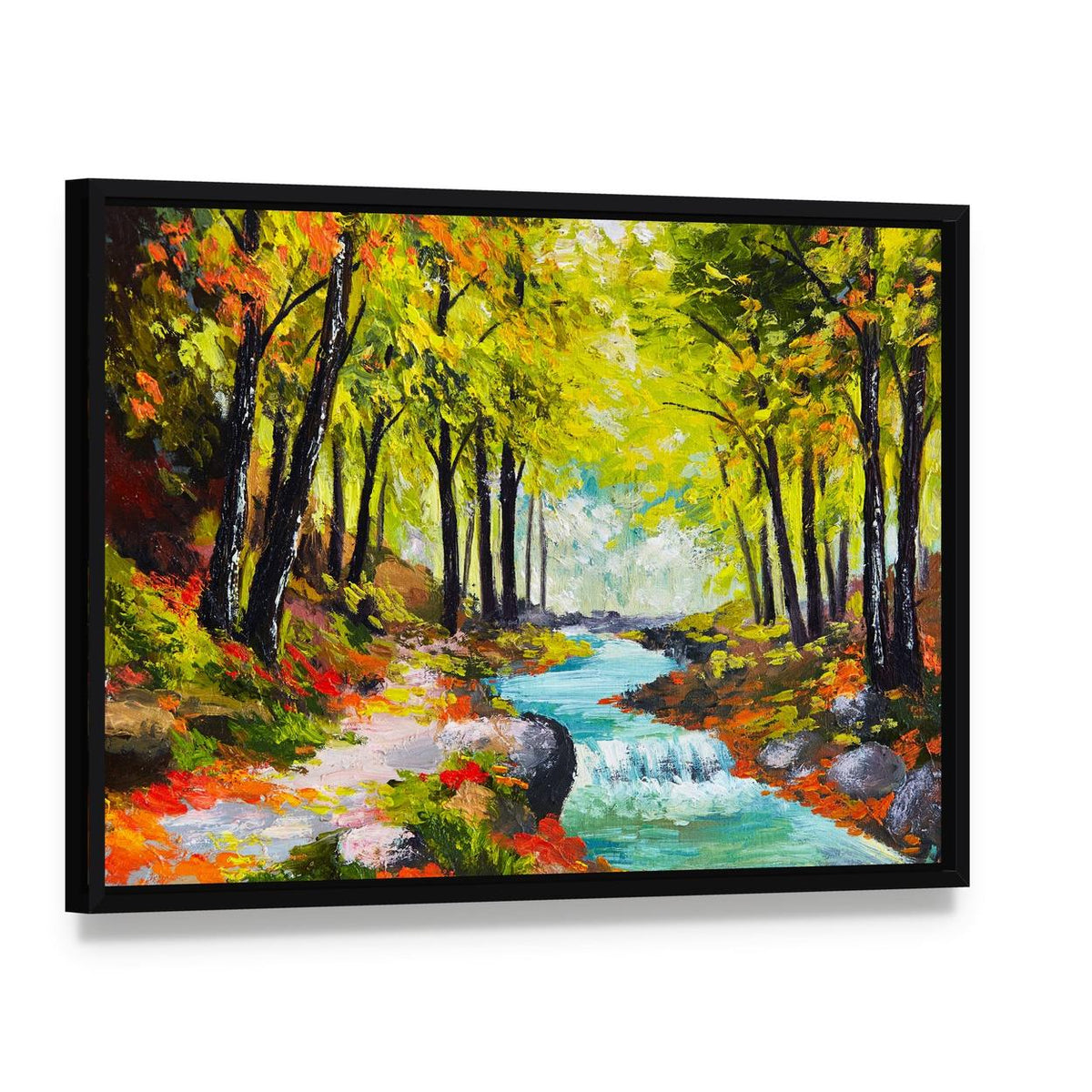 River in Autumn Forest Canvas Wall Art, framed canvas in a black floater frame, angled product view