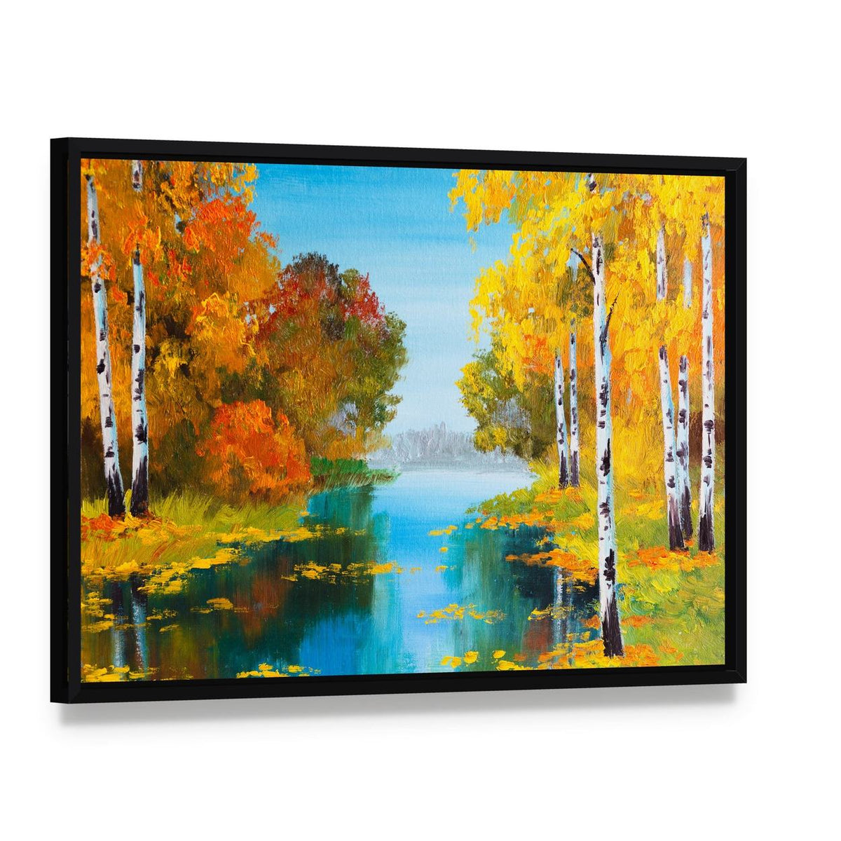 Birch Forest with River Canvas Wall Art, framed canvas in a black floater frame, angled product view