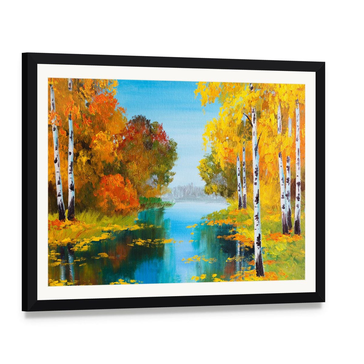 Birch Forest with River Canvas Wall Art, framed print with white mat and black frame, angled product view