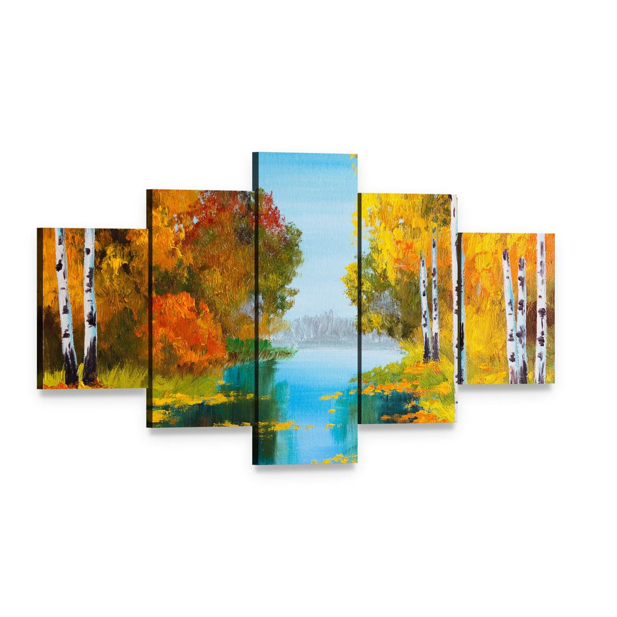 Birch Forest with River Canvas Wall Art, 5 panel 5 Star layout gallery wrapped canvas set, angled product view
