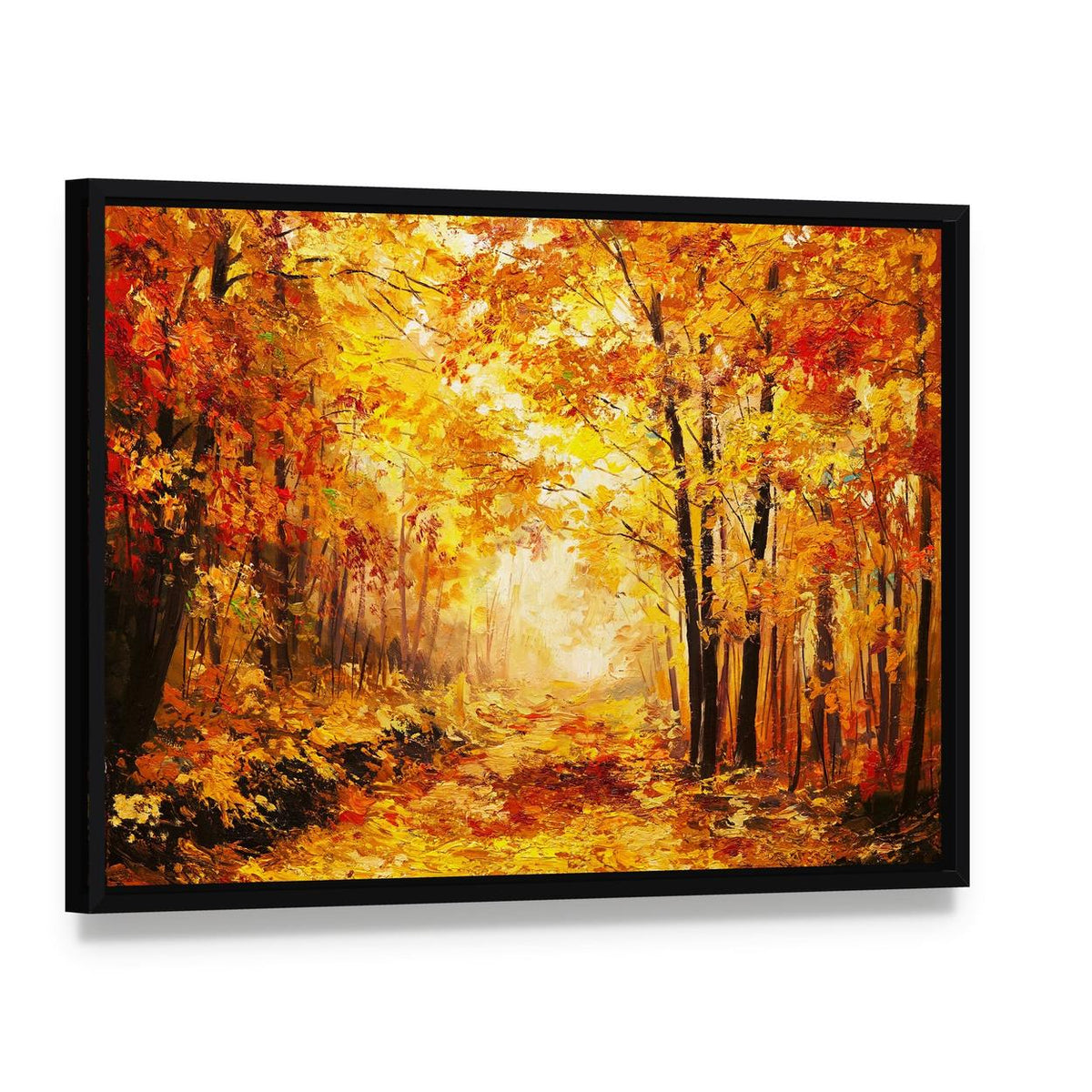 Yellow Autumn Forest Canvas Wall Art, framed canvas in a black floater frame, angled product view