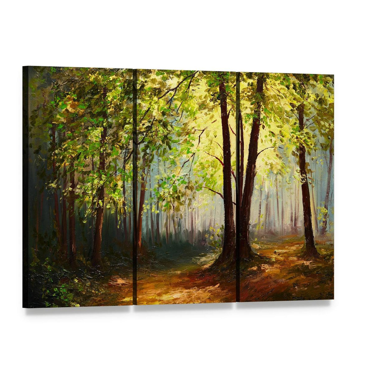 Summer Forest Abstract Canvas Wall Art, 3 panel 3 Horizontal layout gallery wrapped canvas set, angled product view