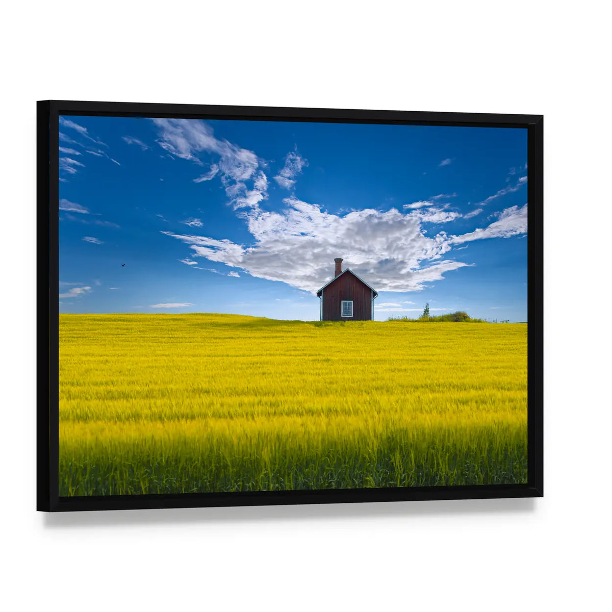 Traditional Swedish Summer House Canvas Wall Art, framed canvas in a black floater frame, angled product view