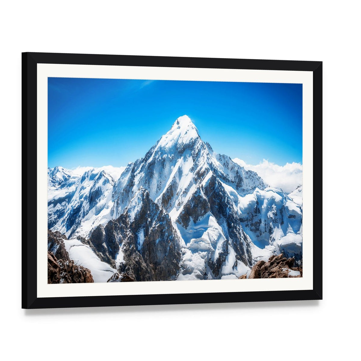 Everest Mountain Peak Canvas Wall Art, framed print with white mat and black frame, angled product view