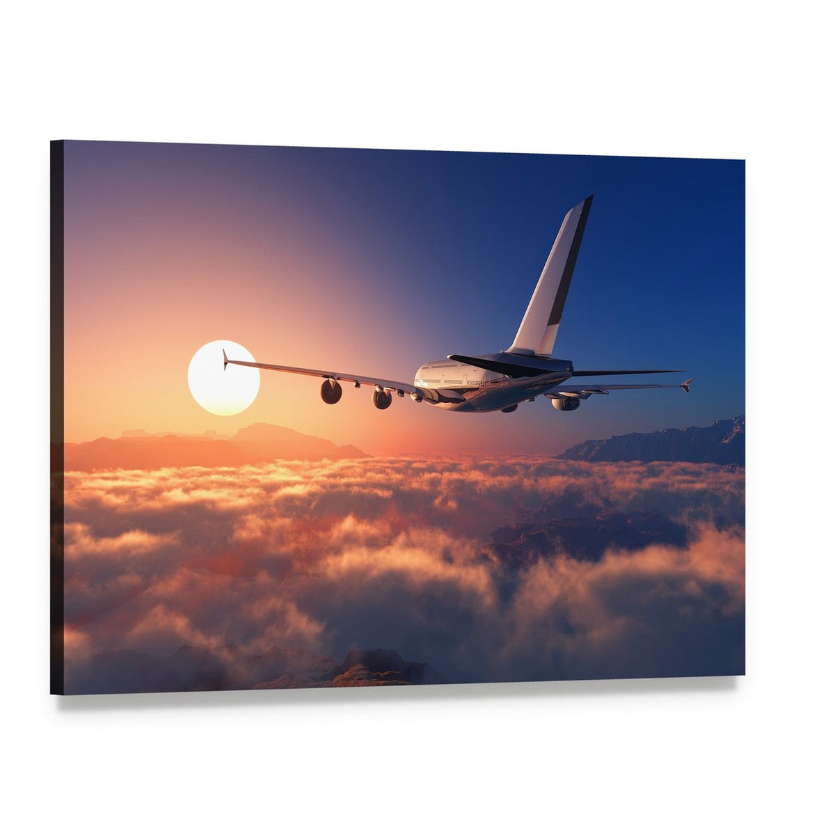 Passenger Plane Above the Clouds Canvas Wall Art, single panel gallery wrapped canvas, angled product view