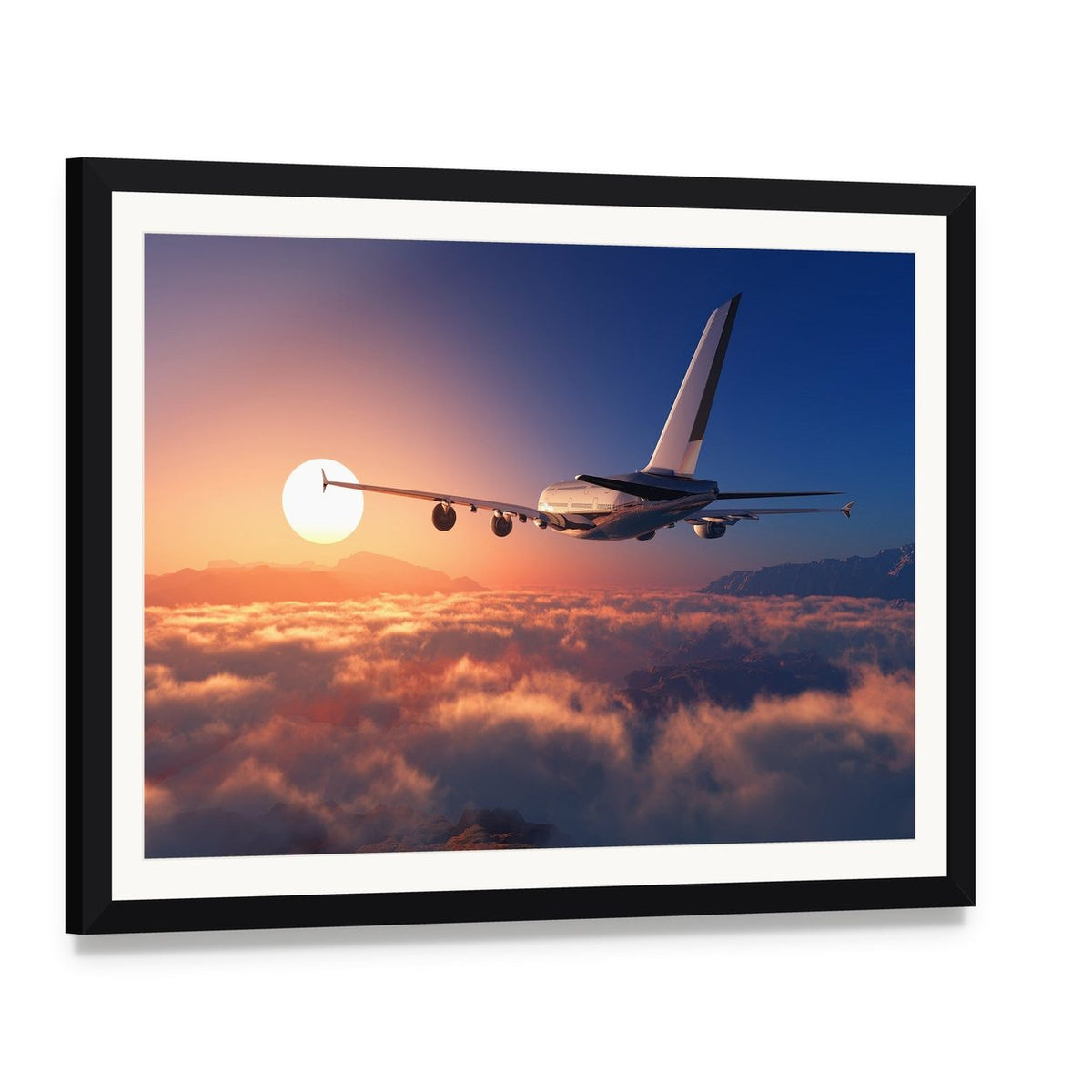 Passenger Plane Above the Clouds Canvas Wall Art, framed print with white mat and black frame, angled product view