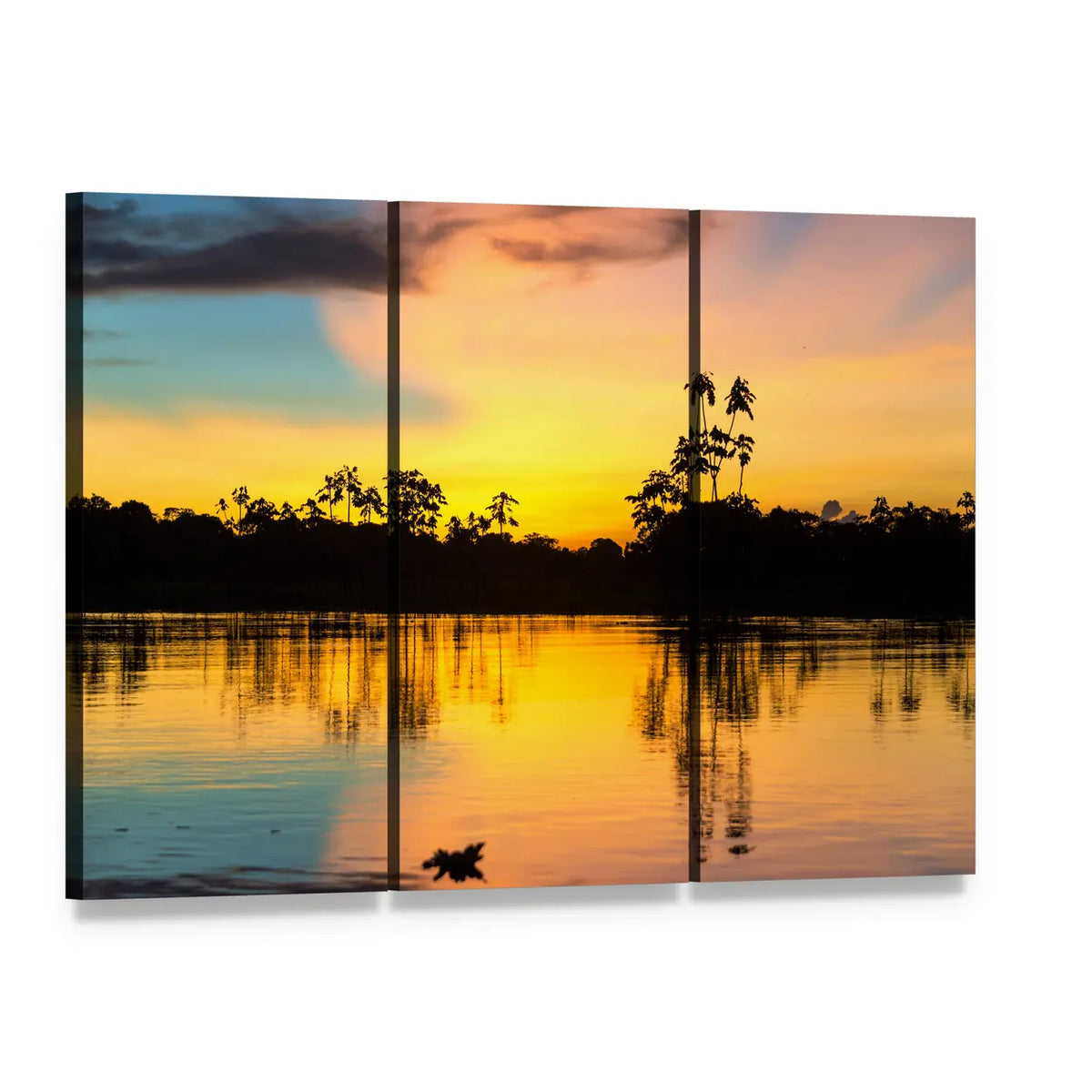 Amazon Rainforest Sunset, Peru Canvas Wall Art, 3 panel 3 Horizontal layout gallery wrapped canvas set, angled product view