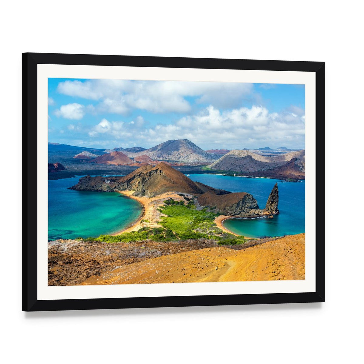 Bartolome Island Ecuador Seaside Landscape Canvas Wall Art, framed print with white mat and black frame, angled product view