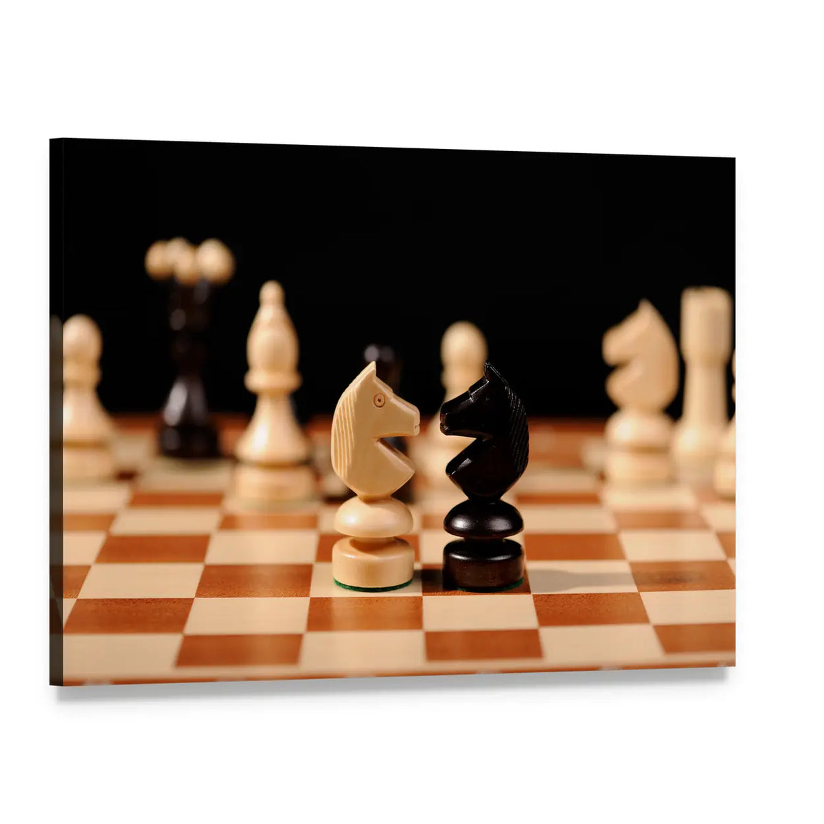 Facing Knights on Wooden Chessboard Canvas Wall Art, single panel gallery wrapped canvas, angled product view