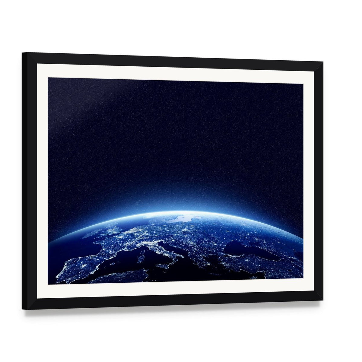 Earth at Night Canvas Wall Art, framed print with white mat and black frame, angled product view