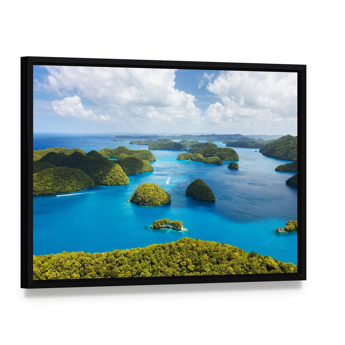 Tropical Island Aerial View Canvas Wall Art, framed canvas in a black floater frame, angled product view