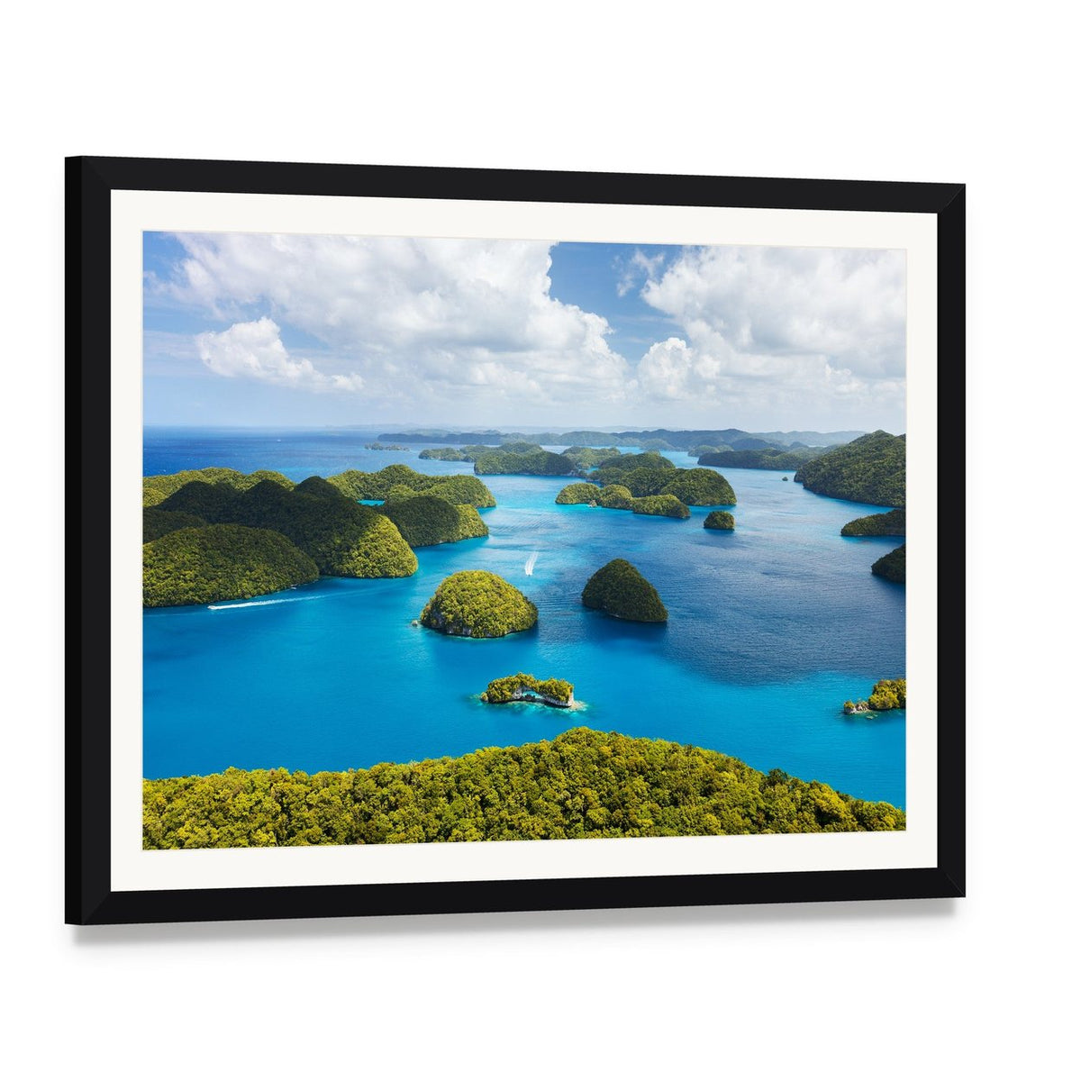 Tropical Island Aerial View Canvas Wall Art, framed print with white mat and black frame, angled product view
