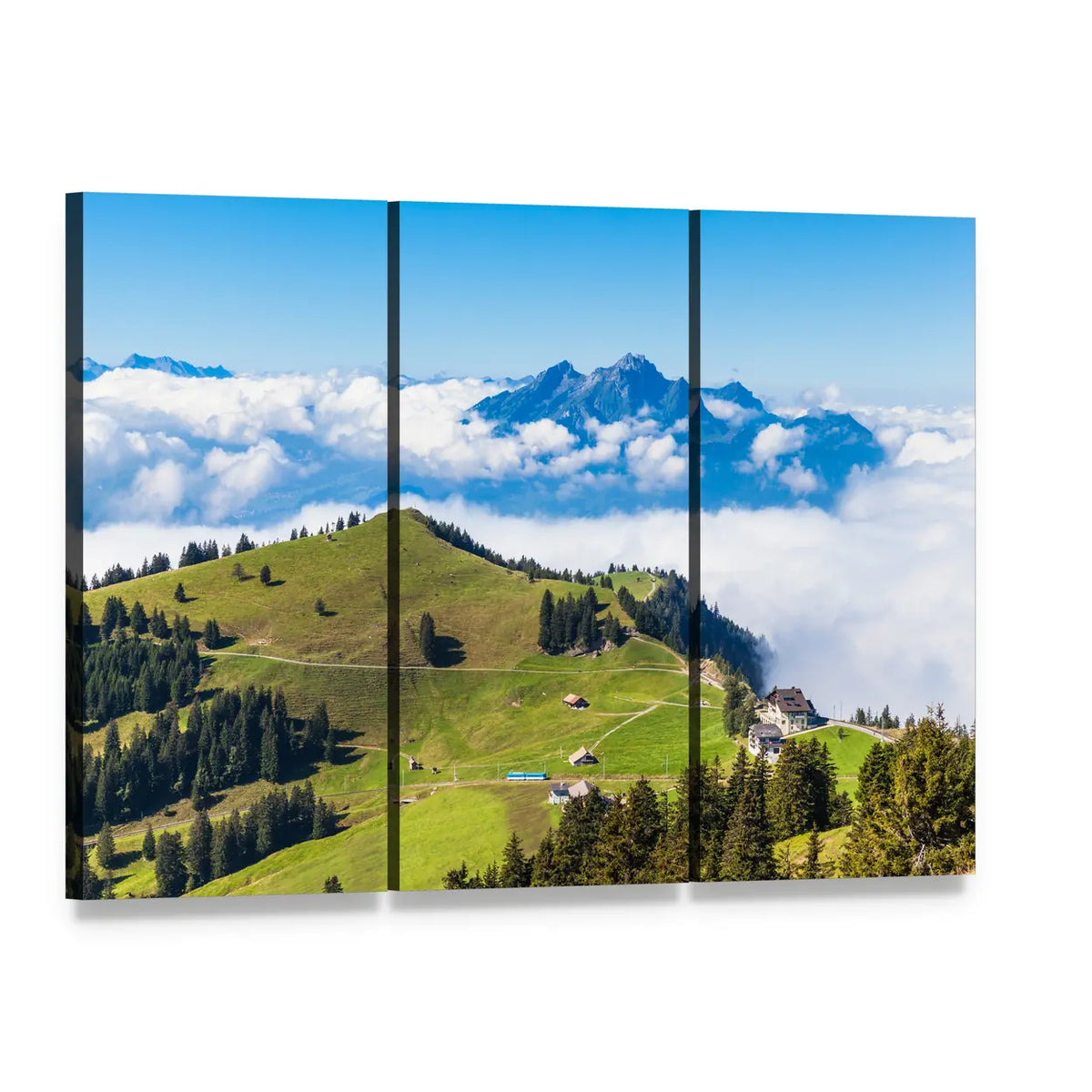 Alpine Meadow with Snow-capped Peaks Canvas Wall Art, 3 panel 3 Horizontal layout gallery wrapped canvas set, angled product view