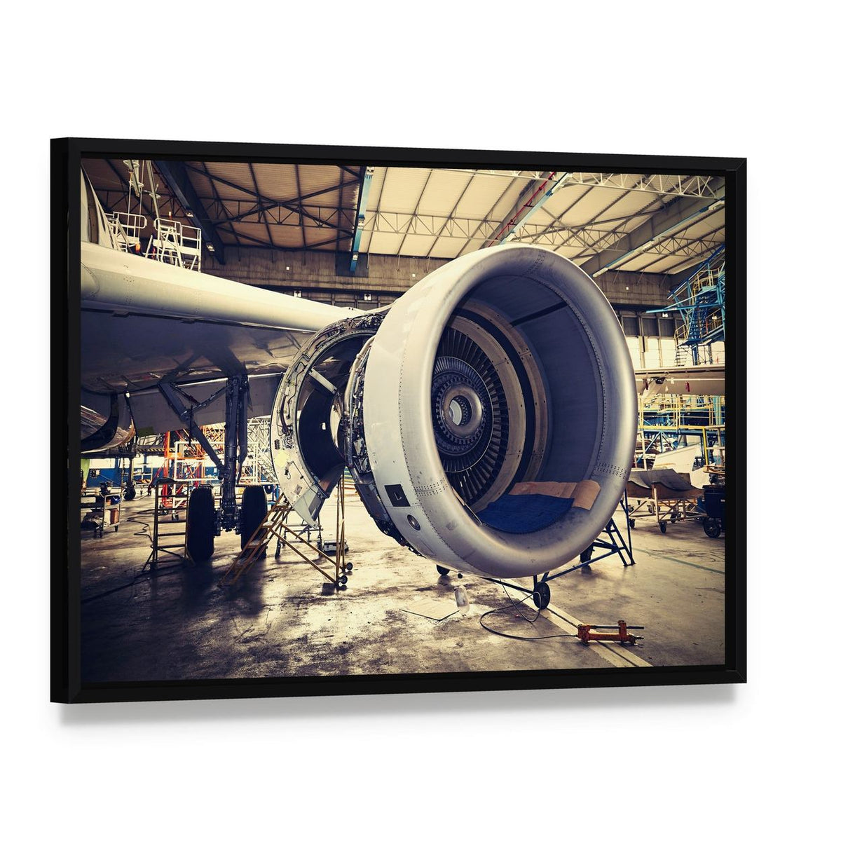 Airplane Engine Maintenance Canvas Wall Art, framed canvas in a black floater frame, angled product view