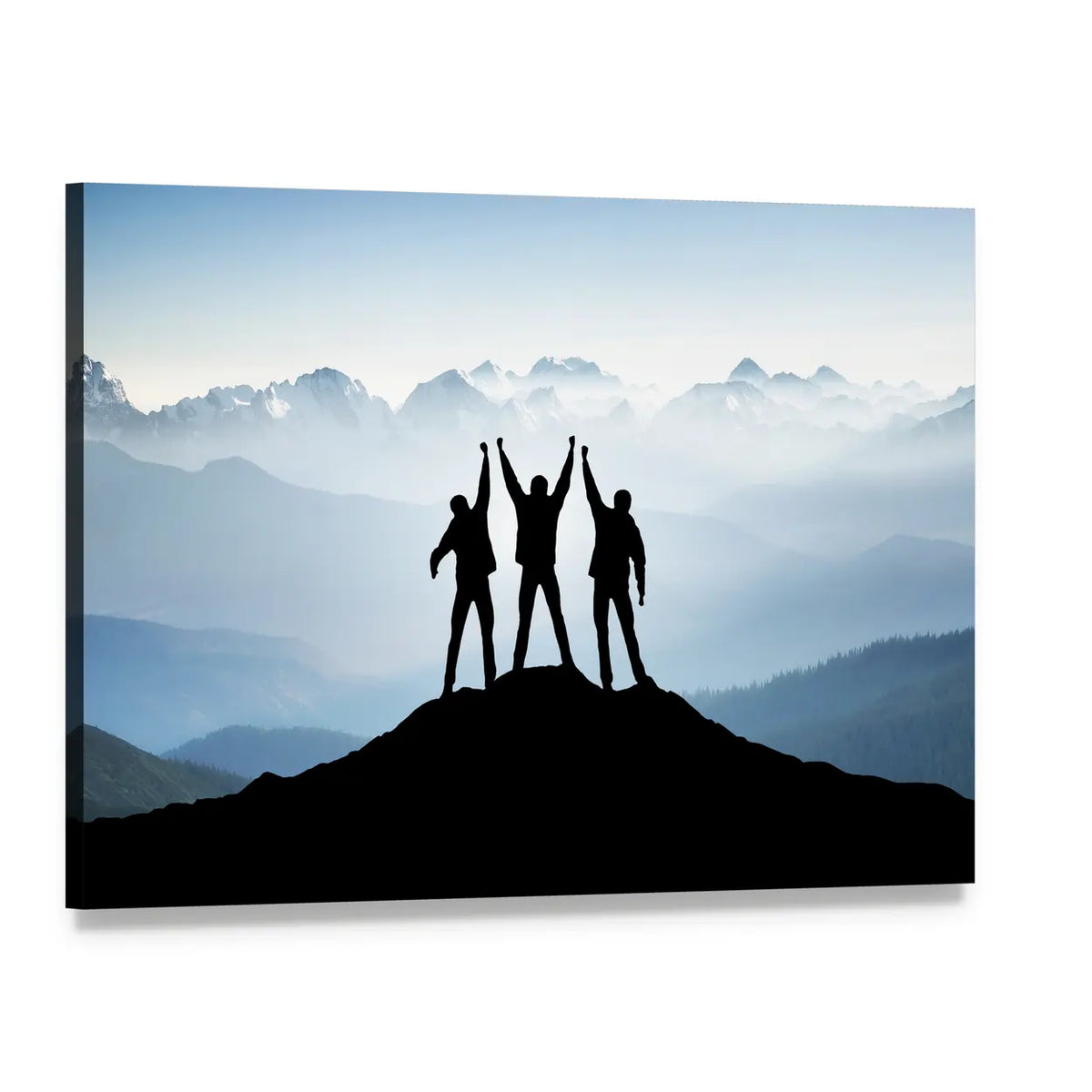 Silhouetted Team on Mountain Top Canvas Wall Art, single panel gallery wrapped canvas, angled product view