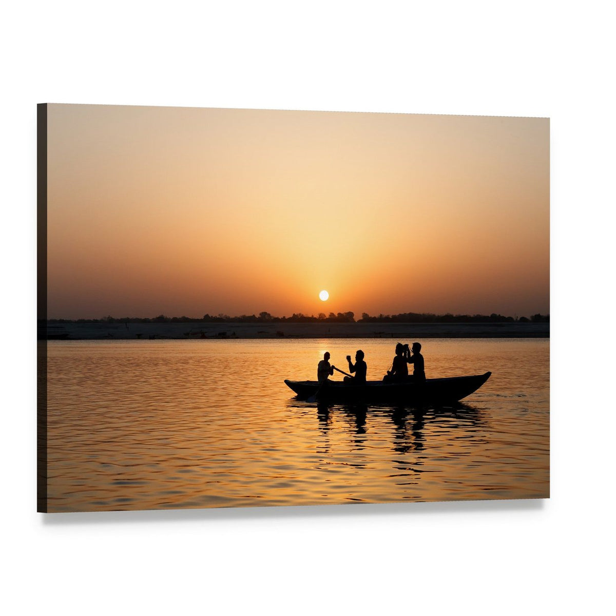 Boat Silhouette at Sunset Canvas Wall Art, single panel gallery wrapped canvas, angled product view