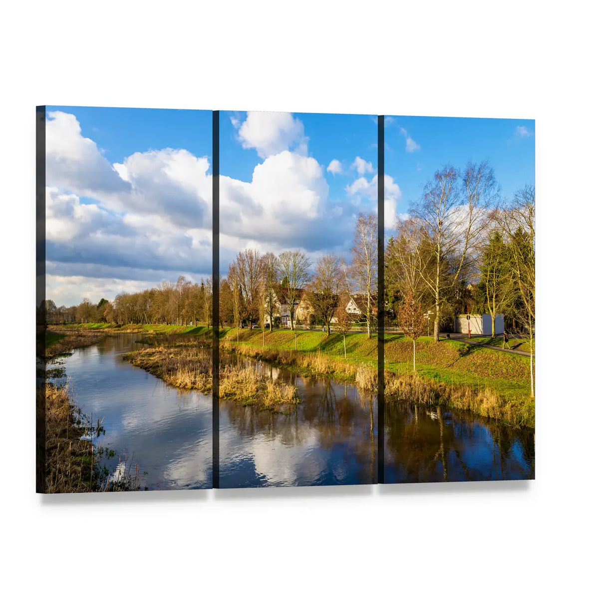 Leine River in Göttingen Canvas Wall Art, 3 panel 3 Horizontal layout gallery wrapped canvas set, angled product view