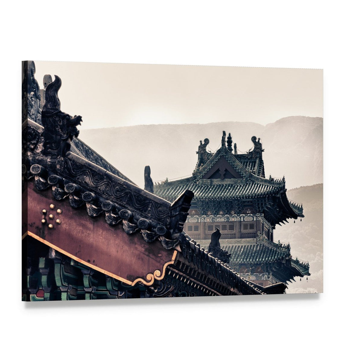 Shaolin Temple Surrounded by Misty Mountains Canvas Wall Art, single panel gallery wrapped canvas, angled product view