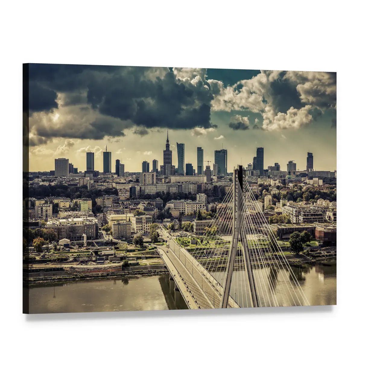 Warsaw Skyline Behind the Bridge Canvas Wall Art, single panel gallery wrapped canvas, angled product view