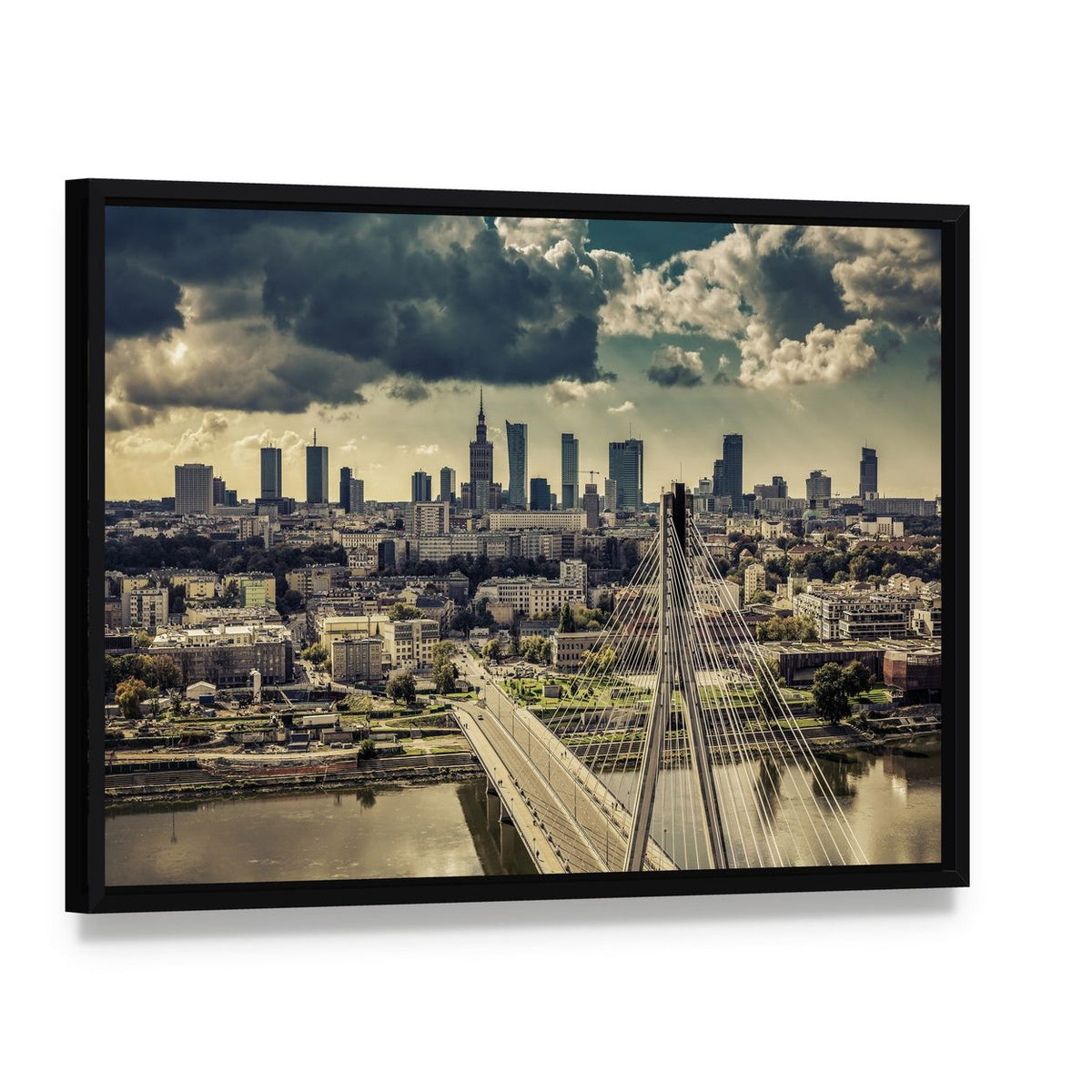 Warsaw Skyline Behind the Bridge Canvas Wall Art, framed canvas in a black floater frame, angled product view