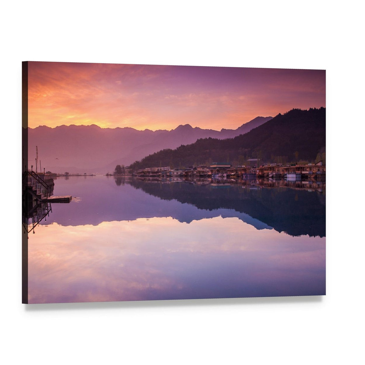 Dal Lake Kashmir Sunset Reflection Canvas Wall Art, single panel gallery wrapped canvas, angled product view