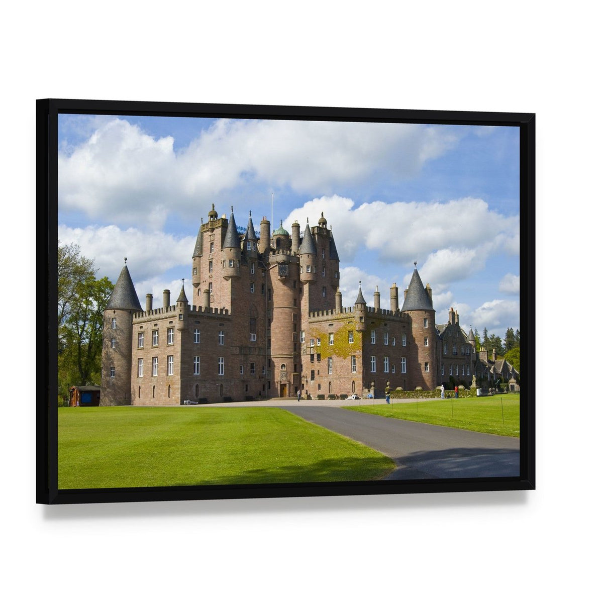 Glamis Castle Scotland Canvas Wall Art, framed canvas in a black floater frame, angled product view