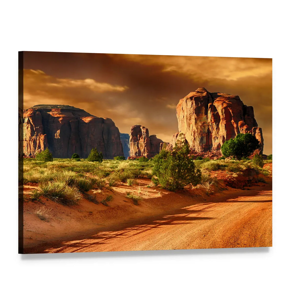 Monument Valley Road at Golden Hour Canvas Wall Art, single panel gallery wrapped canvas, angled product view