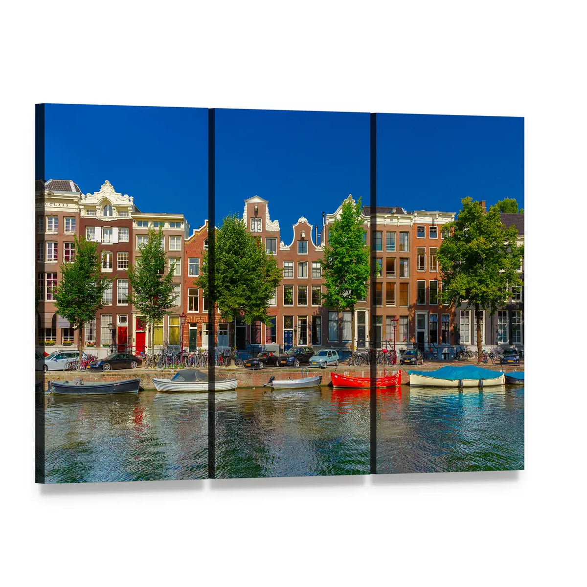 Amsterdam Canal Houses Canvas Wall Art, 3 panel 3 Horizontal layout gallery wrapped canvas set, angled product view