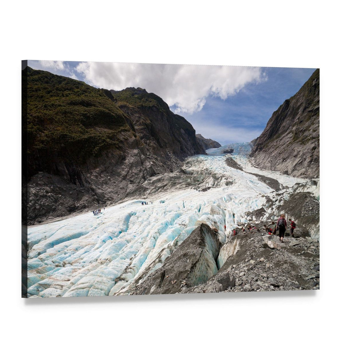 Franz Josef Glacier with Hikers and Crevasses Canvas Wall Art, single panel gallery wrapped canvas, angled product view