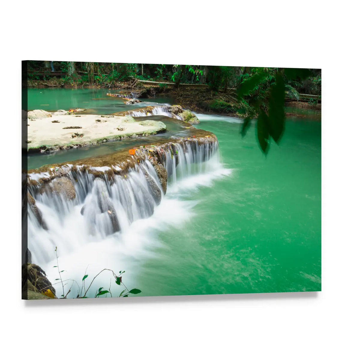 Rainforest Waterfall with Long-exposure Flow Canvas Wall Art, single panel gallery wrapped canvas, angled product view
