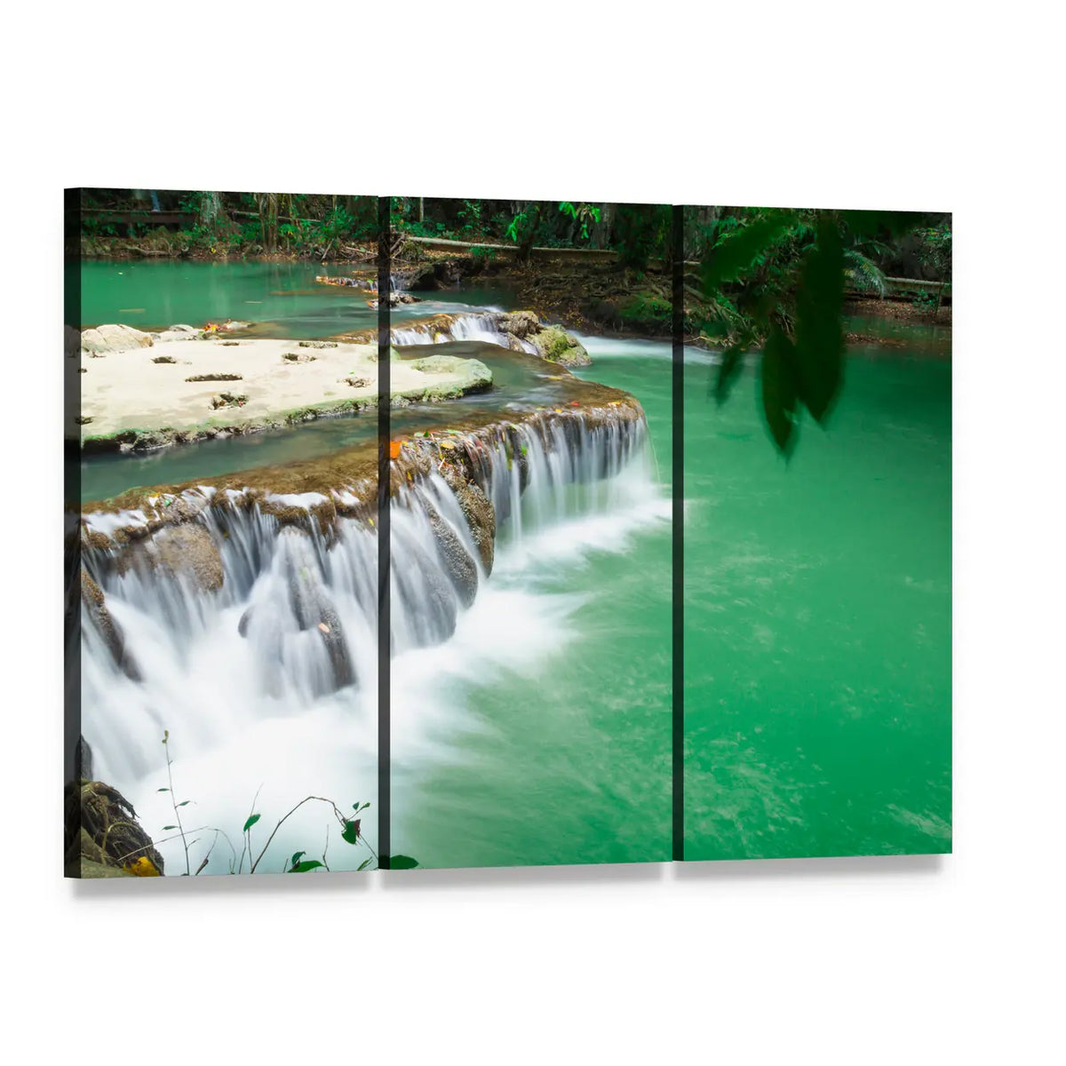 Rainforest Waterfall with Long-exposure Flow Canvas Wall Art, 3 panel 3 Horizontal layout gallery wrapped canvas set, angled product view