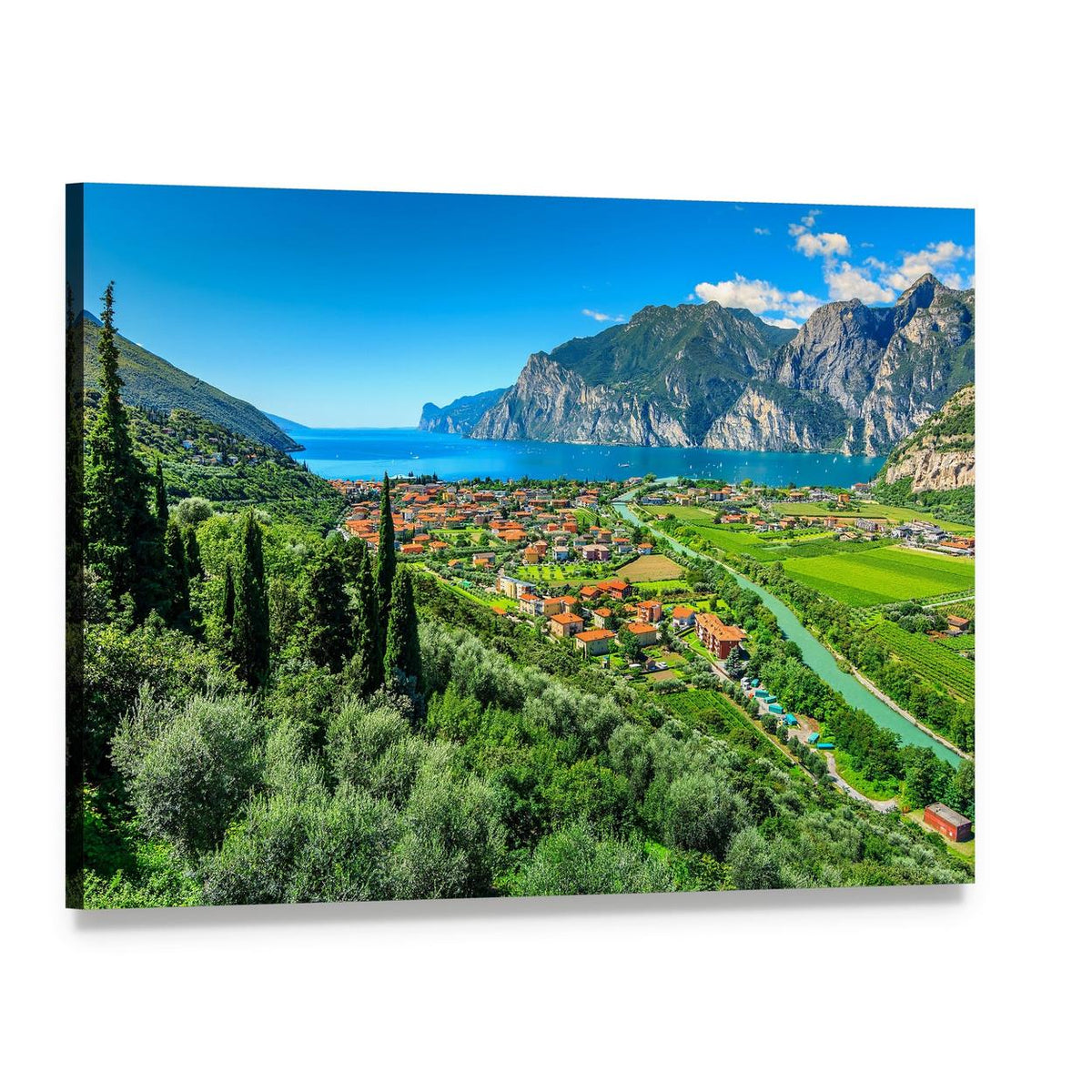 Lake Garda Village with Winding River Canvas Wall Art, single panel gallery wrapped canvas, angled product view
