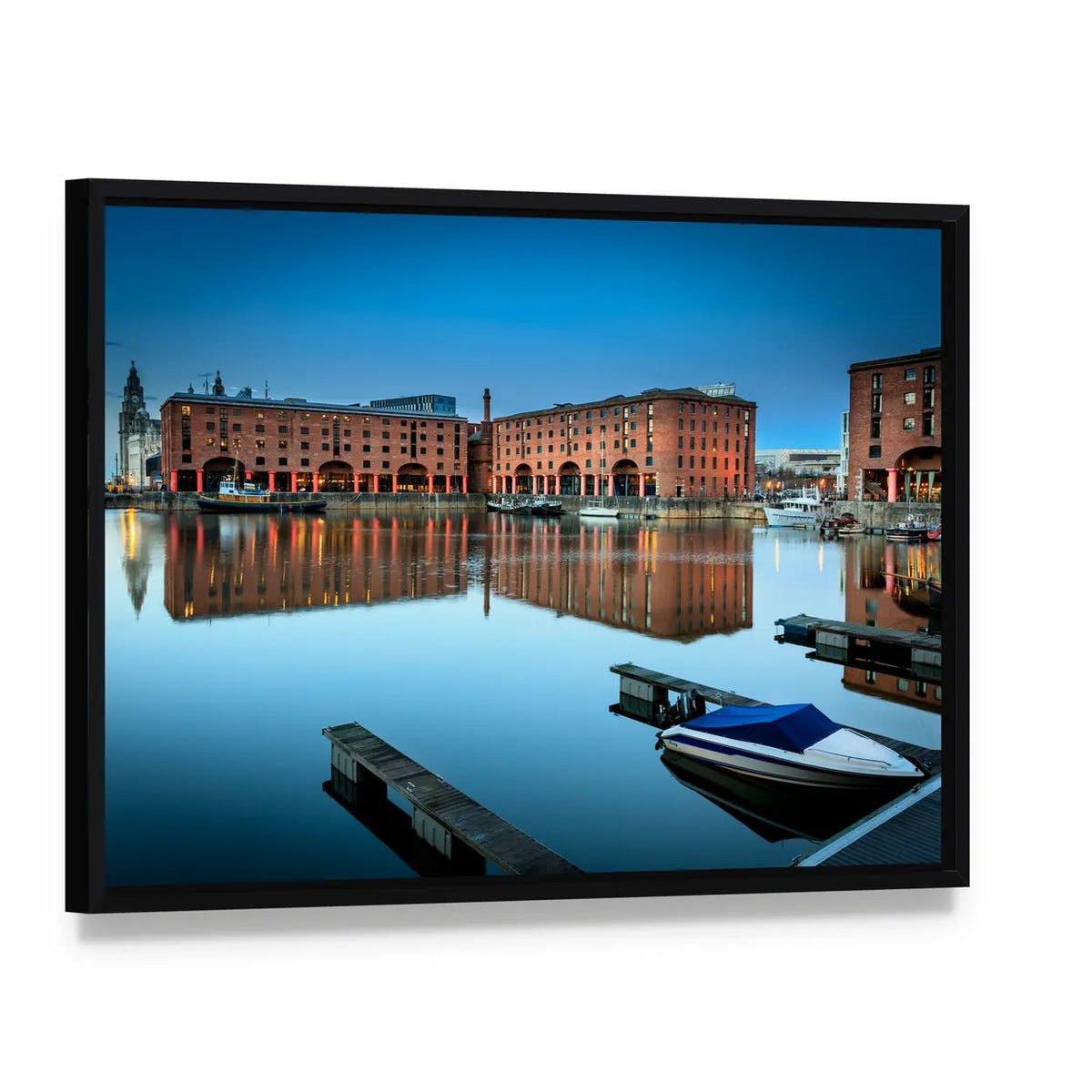 Albert Dock, Liverpool at Twilight Canvas Wall Art, framed canvas in a black floater frame, angled product view